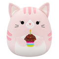 14-Inch Laura the Pink Tabby Cat Holding Birthday Cupcake